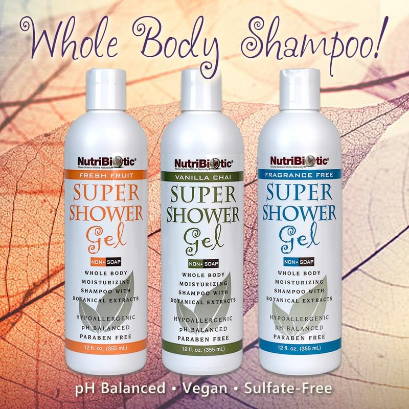 NutriBiotic – Fragrance-Free Super Shower Gel, 12 Oz Twin Pack | Whole-Body Moisturizing Shampoo with GSE & Botanical Extracts | pH Balanced & Free of Gluten, Parabens, Sulfates, Dyes & Colorings