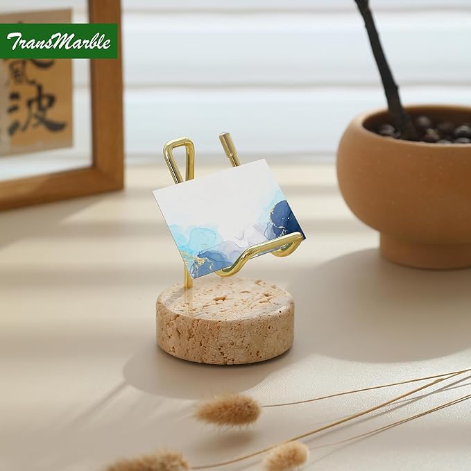 TransMarble Marble Phone Stand with Metal Holder, Charging Available While Using, Swipe Up to Unlock, Made of Natural Marble as Business Card Holder for Office Desk (Travertine Beige + Gold)
