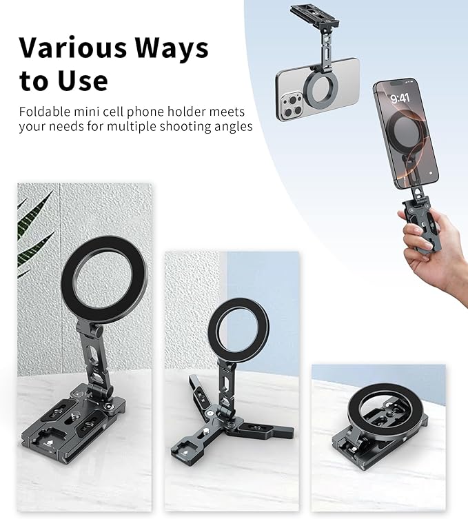 Magnetic Phone Tripod Mount Adapter for MagSafe, Aluminum Foldable Phone Holder with Arca-Swiss & 1/4" Screw Hole, Cold Shoe Mount for Camera, Pocket Mini Selfie Stick Tripod Mount for iPhone/Android