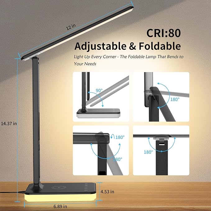 oviouit LED Desk Lamp for Home Office, USB Charging Port, Reading Lamp Desk Light with 5 Brightness, 3 Colors, Table Lamp with Clock, Alarm, Date, Temperature, Desk Lamp for College Dorm Room (Black)