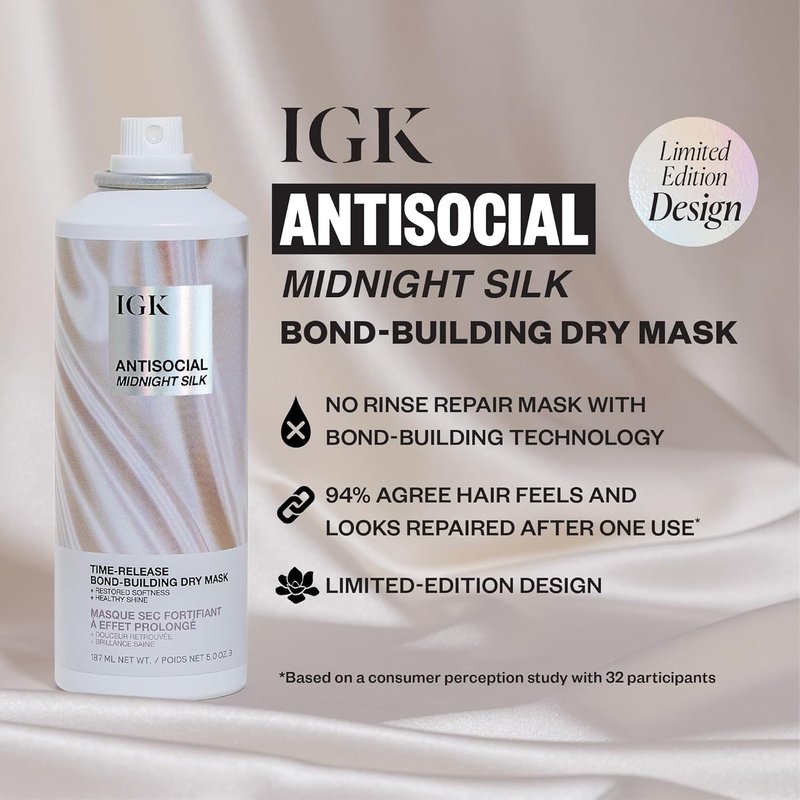IGK Antisocial Dry Hair Mask | Leave-In Overnight Bond-Building Treatment for Dry Hair & Extensions | Hydrates, Repairs & Softens | Limited Edition Design | 5oz (Pack of 2)