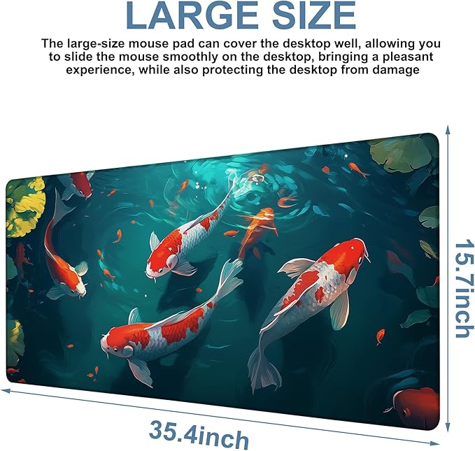 NITAHHHY Large Mouse Pad Koi Fish Gaming Desk Pad Computer Keyboard Non-Slip Waterproof Mouse Mat with Rubber Base and Stitched Edges Entertainment Office Writing Desk Mat 35.4 x 15.7 Inches