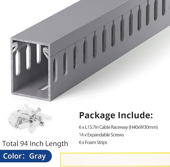 ZhiYo H1.6in W1.2in Professional Server Rack Cable Management Raceway, 99in (6X L16.5in) Cable Raceway Kit, Electrically Safe PVC Open Slot Wire Raceway for Under Desk/Computer/Network Cords, Grey