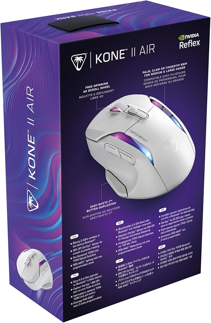 Turtle Beach Kone II Air Wireless RGB Gaming Mouse, 350-Hr Rechargeable Battery, 26000 DPI Optical Sensor, 100M Click Optical Switches, 21 Customizable Inputs, Ergonomic, 4D Scroll Wheel– Arctic White