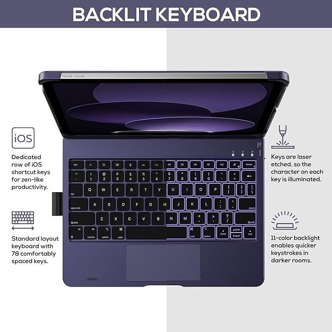 typecase Touch iPad 11th 10th Generation Case with Keyboard (11" 2025, A16 & 10.9" 2022) – 360° Rotatable, 11-Color Backlit, Multi-Touch Trackpad, Pencil Holder, Thin & Light – Midnight Amethyst