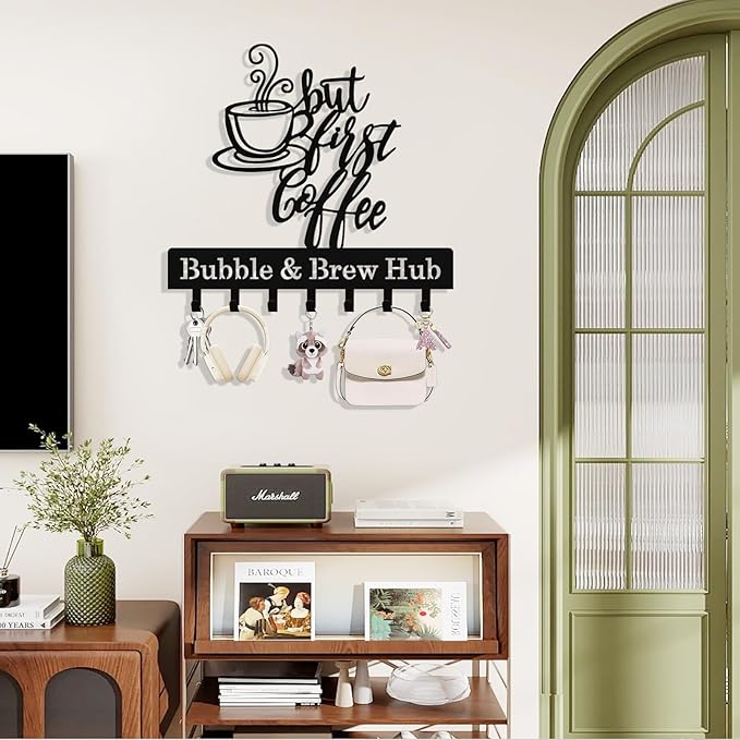 Syneiro Personalized Coffee Key Holder Wall Mount, Custom Metal Key Rack Key Holder with Name, Deer Cabin Wall Keys Hanger with Hooks for Entryway, Front Door, Hallway, Kitchen, Living Room