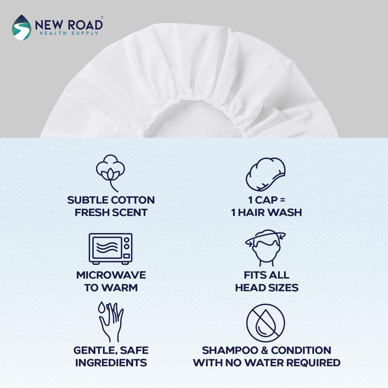 New Road Health Supply Rinse-Free Shampoo Cap, No Water Needed, Cleans and Conditions Hair, pH Balanced & Hypoallergenic, Waterless Shampoo Cap for Adults, Elderly & Caregivers, 12 Pack