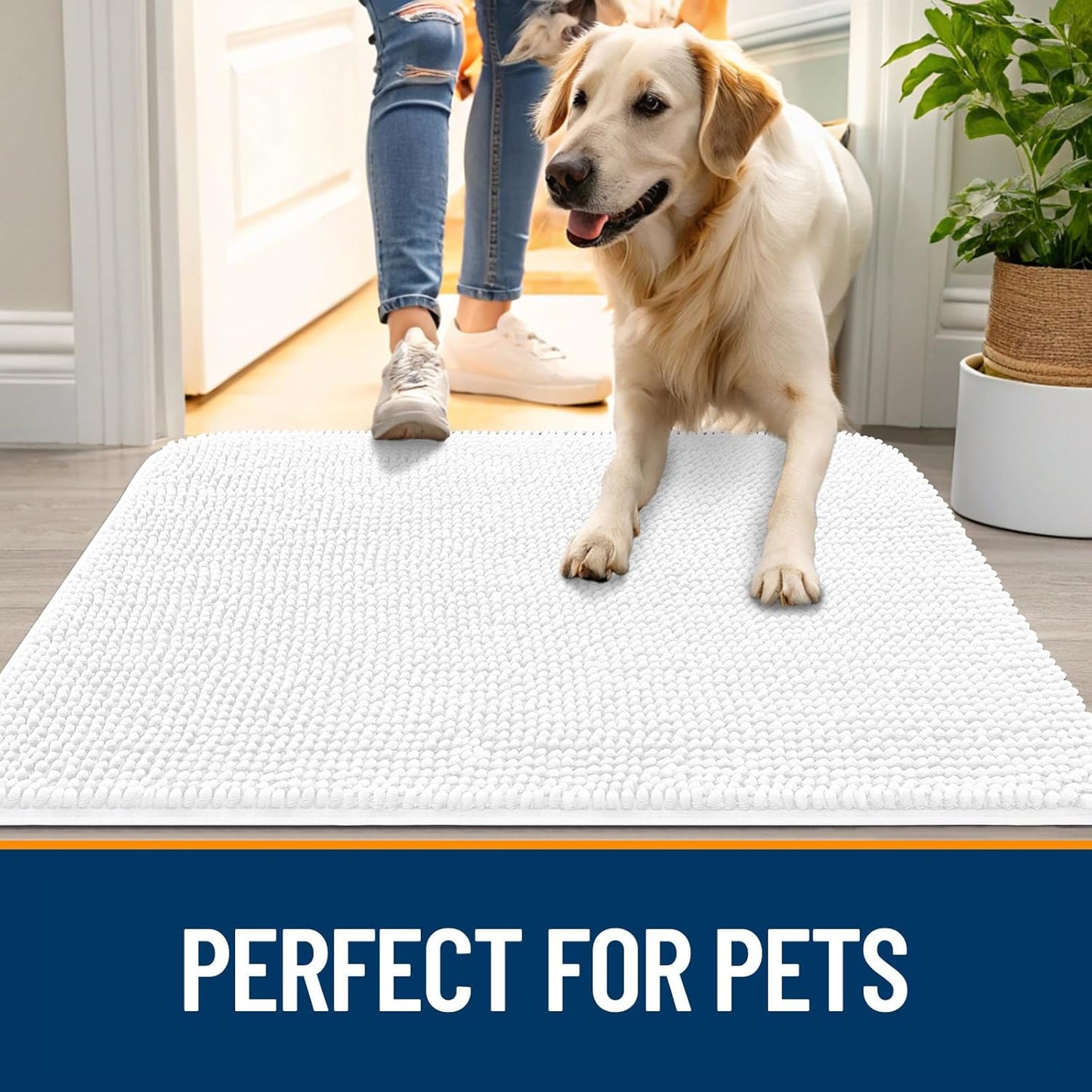 OLANLY Dog Door Mat - Absorbent Non-Slip Chenille Mat for Muddy Paws | 54x32, Quick Dry, White