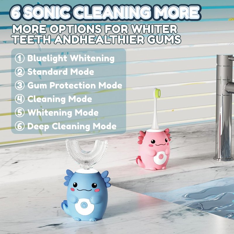 Kids Electric U-Shaped Toothbrush - Cartoon Axolotl Sonic Brush with 6 Heads & 6 Modes | Age 2-15, Pink
