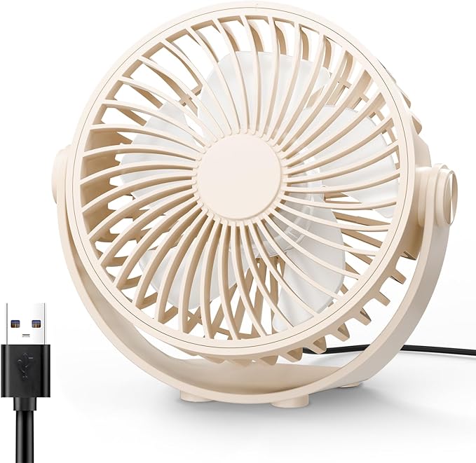 Edvision USB Desk Fan, 5 Inch Mini Portable, 3 Speeds Strong Airflow Personal Desktop, Detachable Cooling Fan 360° Rotation Quiet Small Fan for Desk Home Office Travel Car, Beige, 5ft Cable