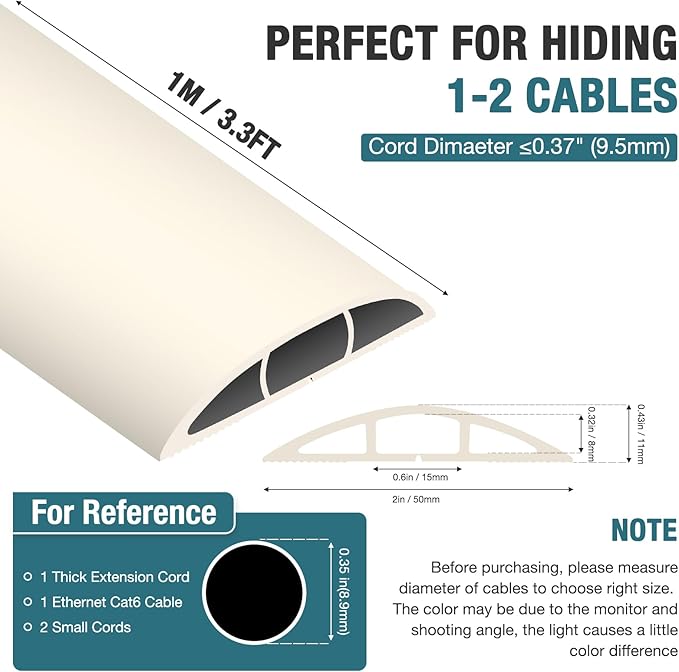 Floor Cord Cover, Cable Protector, 0.63W x 0.31H inches, Wire Cover for Extension Cords, Floor Cable Covers Prevent Cable Trips (Beige, 50-3.3 Feet)