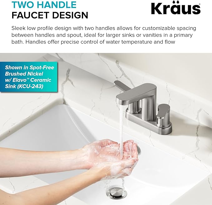 KRAUS Indy Centerset Bathroom Faucet in Chrome with 2 Handles, Pop Up Drain and Supply Lines, FUS14102CH