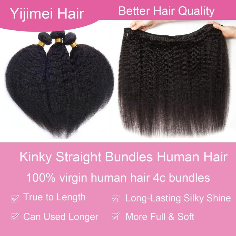 Yijimei Kinky Straight Human Hair Bundles Yaki Straight Human Braiding Hair 100g 22 Inch Human Hair Bundle 100% Unprocessed Brazilian Virgin Hair Natural Black