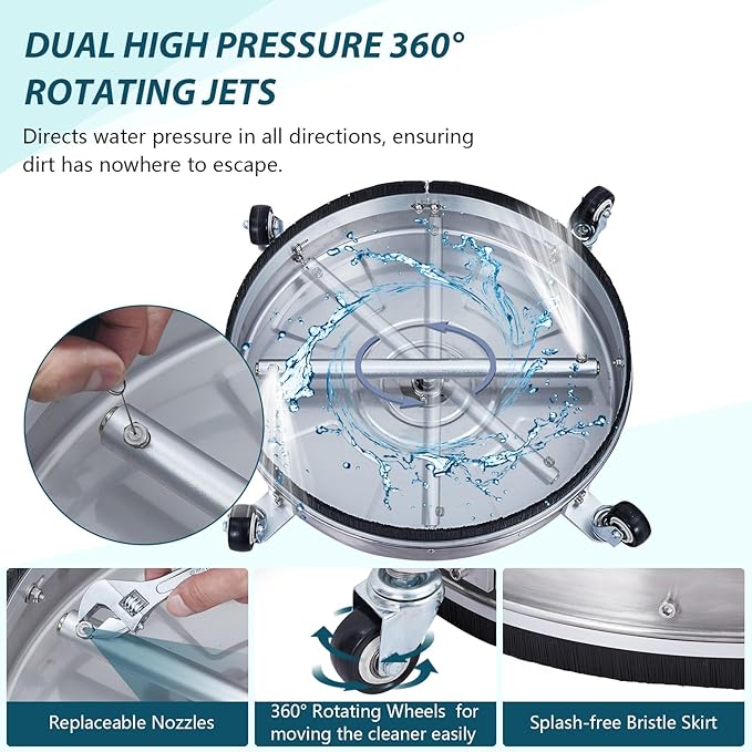 Towallmark 20" Pressure Washer Surface Cleaner with Dual Handle 4 Wheels, 3/8" Connector, 2 Replacement Nozzles, Stainless Steel Power Washer Housing Accessory for Driveway Deck Sidewalk Patio 4000PSI