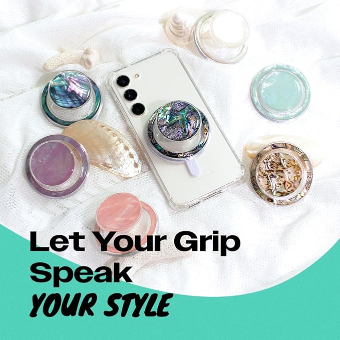 On The Grip Magnetic Phone Grip for MagSafe, Genuine Natural Crystal & Seashell Stone, Swappable Top, Strong Magnet Holder & Kickstand for iPhone 15 14 13 12 Pro Max Plus & MagSafe Cases (Peach)