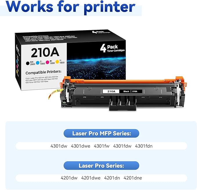 W.L.M 210A Toner Cartridge 4Pack Compatible with HP 210A 210X Toner Cartridge with 210A Toner Color Laser Jet Pro MFP 4301fdw 4201dw 4201dn 4301fdn 4301fdw 4301dw Printer (Black/Cyan/Magenta/Yellow)