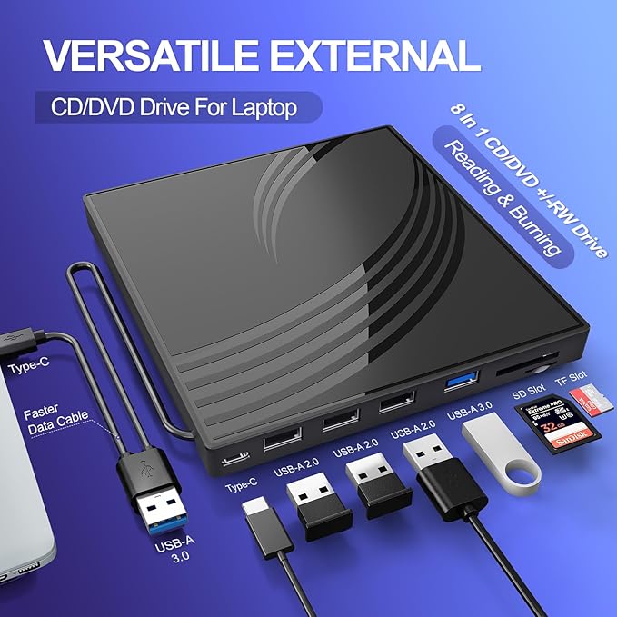 BPAKDU External CD/DVD Drive for Laptop, Ultra Slim CD Burner USB 3.0 Hub with 4 USB Ports, 2 TF/SD Card Slots,1 Type-C Port,DVD Player for Laptop Compatible with mac OS/Windows/Linux (Black)