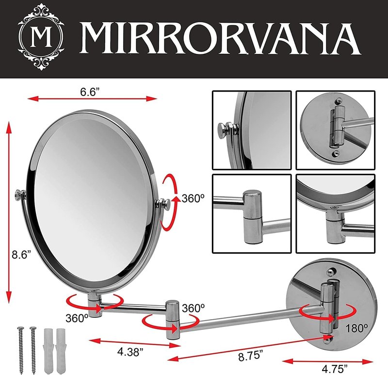 Wall Mounted Bathroom Makeup & Shaving Mirror, Double Sided 5X & 1X Magnification, 13-Inch Extension Swivel Arm, Oval 6.6" x 8.6" Glass Area, Chrome