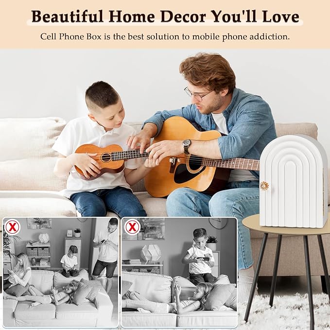 Lzttyee Phone Box for Family Time, Bamboo Cell Phone Jail, 3 Sections Hold 6 Phones, with Charging Holes, Phone Holder Self-Discipline Box, Help Kids Adults Focus Back, Mobile Phone Addiction (White)