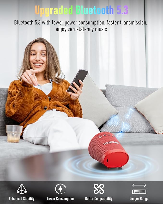 Gladorn Portable Bluetooth Speaker Wireless with 9 Color Lights, 20H Playtime, Stereo Pairing, Deep Bass, IPX6 Waterproof, Bluetooth 5.3, Small Speaker for Home, Party, Outdoor, Camping, Beach, Gift