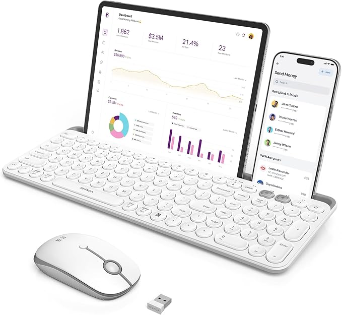 seenda Bluetooth Keyboard and Mouse for iPad, CTU-301 Wireless Multi-Device Connection Bluetooth+2.4G Keyboard Mouse Combo with Tablet Holder for iPad/MacBook/Windows, iOS/Android/Phone, White