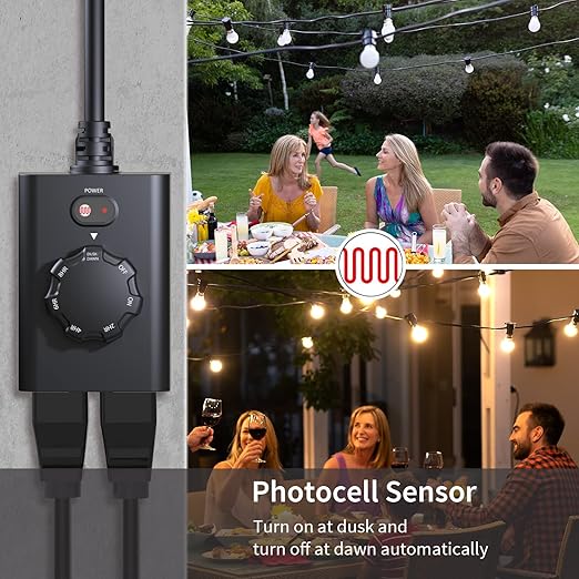 Minoston Outdoor Timer 2 Pack, Dusk to Dawn Outlet With 2 Grounded Outlets, 2-8 Hour Settings for Halloween Christmas Lights, ETL Listed (MP41T)