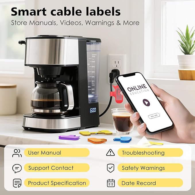 24-Pack Smart NFC Cable Labels with Blank Stickers, Programmable Reusable Wire Tags for Electronics, Cord ID & Cable Management for Automation, IT Server - Oval