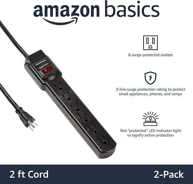 Amazon Basics 6-Outlet Surge Protector Power Strip with 200J Protection, Circuit Breaker, 2ft Extension Cord, Black, 2-Pack
