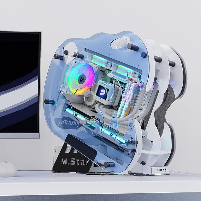 MegaPC Upgraded Open-Frame Mid-Tower Micro-ATX/Mini-ITX Gaming PC Case, Tempered Glass Side Panel, Pre-Installed ARGB PWM Fan, with USB3.0, Type-C, 240mm Radiator Support (Upgrade White)