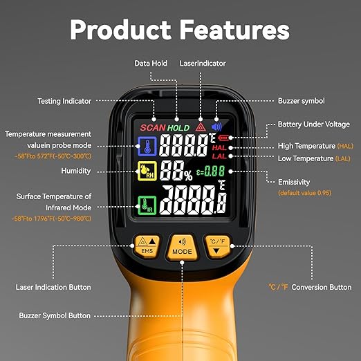 MOONASCEND Infrared Thermometer Temperature Gun -58°F to 1796°F, 50:1 Dual-Mode Temp Guns with K-Type Thermocouple for Internal Readings, HVAC Contactless Lazer IR Thermometers for Home & Industry