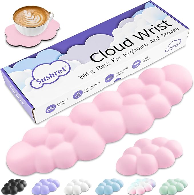 Sushret Cloud Wrist Rest Keyboard, Cloud Keyboard Wrist Pad Set with PU Leather Memory Foam, Cute Arm Rest for Palm Support, PC/Gaming Desk Accessories/Office Setup/Computer Hand Cushion - Pink