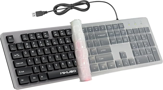 MIKUSO Wired Keyboard with Cover, 104 Keys Laser-Etched Non-Fade, 1.6m USB-A Cord, Spill-Resistant with dust-Proof Film, Full Size for Windows Mac PC Laptop, Office Home Business Programming
