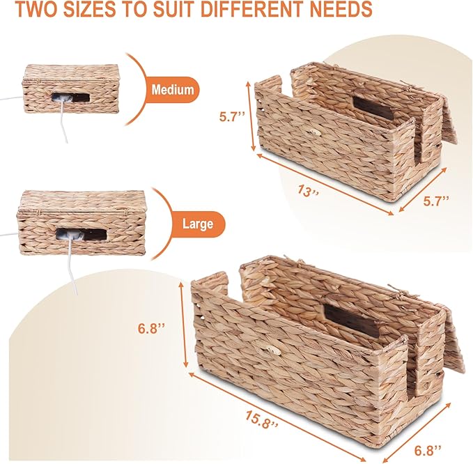 KWEEHAWTI Cable Management Box, Cord Hider Organizer Box with Lid 2-Pack,2 Side Open Slots Handwoven Water Hyacinth Storage Box for Power Strips, Floor, Desk, Office