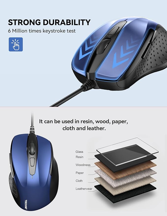 TECKNET USB Wired Mouse, 6-Button Corded Mouse with 2 Adjustable DPI, Optical Computer Mouse with Ergonomic Design and 5FT Cord for Laptop, Chromebook, PC, Desktop, Mac, Notebook-Blue
