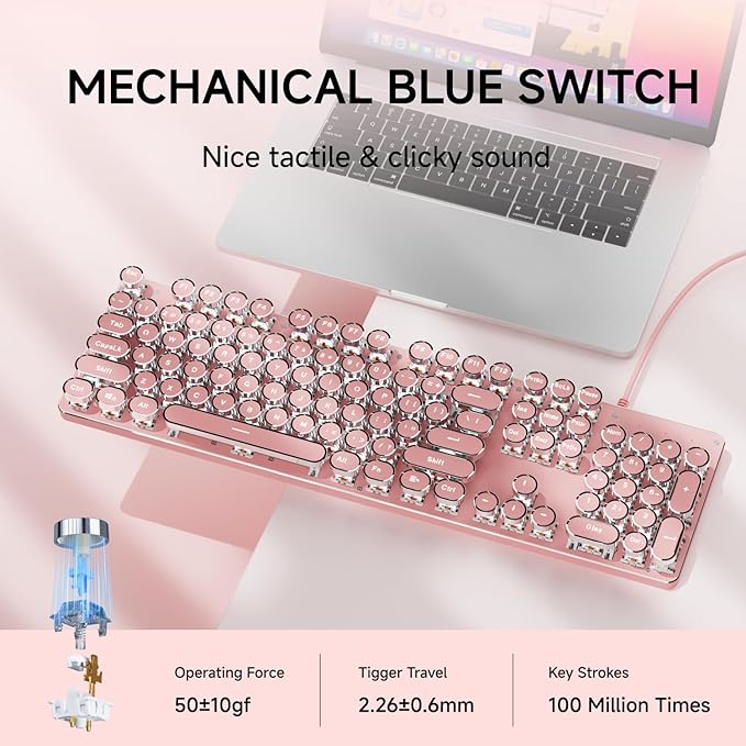SEUNKWANG Typewriter Style Mechanical Gaming Keyboard with White Backlit, Wired Retro Punk Computer Keyboard Durable Metal Panel, Clicky Blue Switch, Round Keycaps, Full-Size for PC/Desktop/Win, Pink