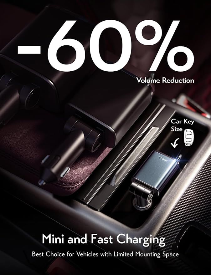LISEN Retractable Car Charger, Car Charger USB C Fast Charge【98% Less Space,Mini】 57W Fast Charger for iPhone 17 16 15 Pro Max Plus Air, RV Electronics Interior Sets Car Accessories