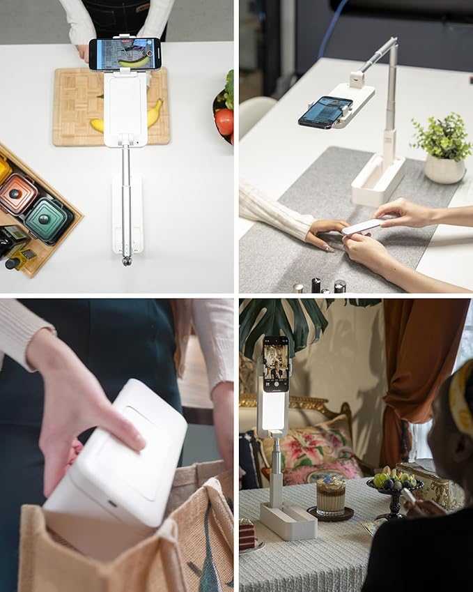 SupeDesk Phone Stand for Recording, Overhead Phone Mount with Light, Selfie Stand,Portable,Extendable,360° Rotate,Adjustable,Wireless Remote,Rechargeable, for 3.5-6.9" Phones, Live Streaming, White