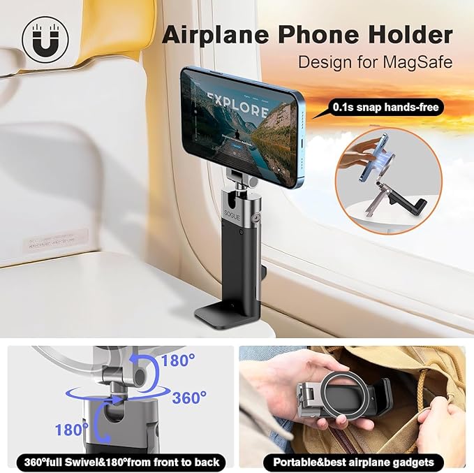 SOGUE Airplane Travel Essentials Men Phone Holder,Plane Phone Mount for MagSafe,Foldable Magnetic Phone Stand for Desk 360° Swivel Universal in Airplane Gadgets for iPhone 17