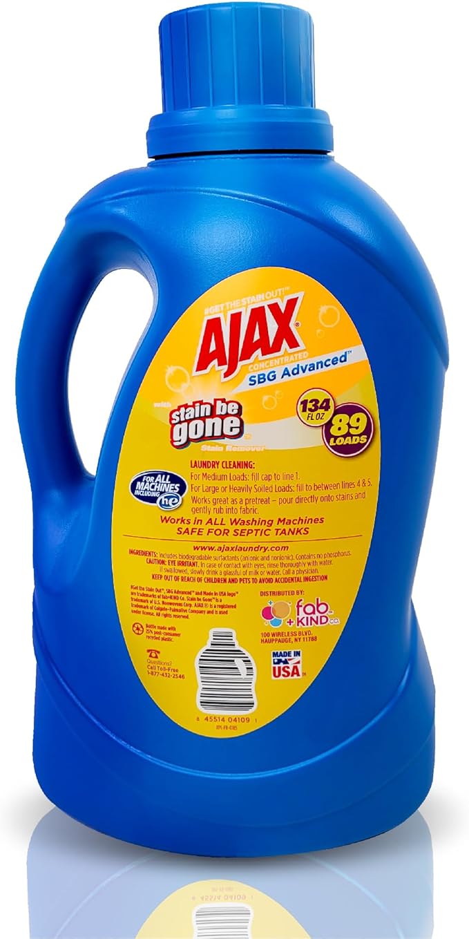 Ajax SBG Advanced Laundry Detergent, Linen & Lemon Scent, 134oz (Pack of 4) â Totally Awesome Stain & Odor Remover, HE Compatible, Concentrated Liquid, 356 Loads, Color-Safe, Long-Lasting Freshness