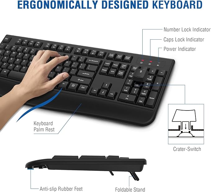 EDJO Wireless Keyboard, 2.4G Ergonomic Full Size Wireless Computer Keyboard with Wrist Rest for Windows, Mac OS Desktop/Laptop/PC（Gray）