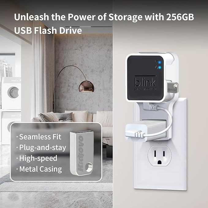256GB Blink USB Flash Drive & Wall Mount for Blink Sync Module 2 with Short Cable - Save Space - No Messy Wires - Easy Move Mount Bracket Holder for Blink Outdoor Indoor Security Camera (1 Pack)