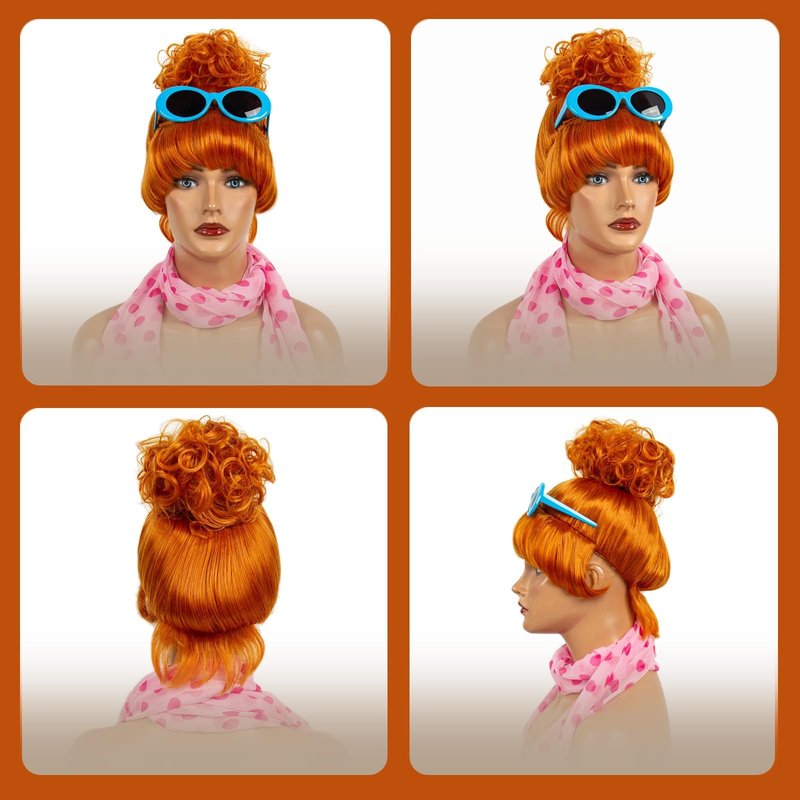STfantasy Orange Bun Wig with Scarf and Glasses – Stylish & Durable Synthetic Orange Wig for Women, Perfect for Halloween, Cosplay, and Party Accessories
