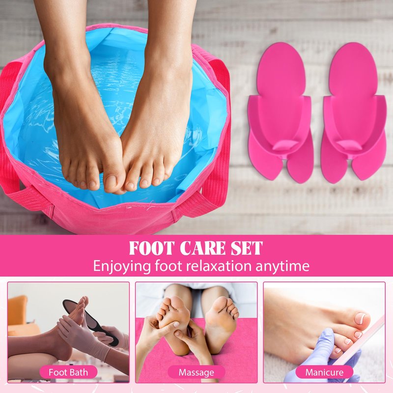 FillTouch 6 Sets Foldable Foot Bath Kit 15L Collapsible Foot Soaking Tub Bathroom Towels Women Adult Foldable Slippers with Storage Bag Spa Soak Pedicure Bath for Travel Camping(Rose Red)