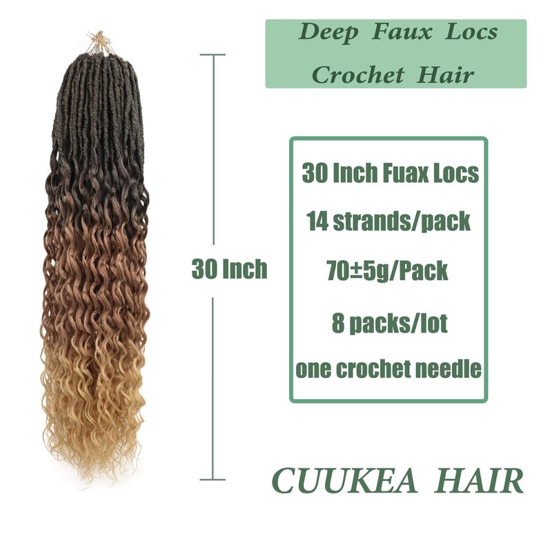 Deep Faux Locs Crochet Hair 30 Inch 8 Packs Goddess Locs Crochet Hair 1B3027 Soft Loc Faux Loc Crochet Braids with Curly Ends Prelooped Deep Wave Croceht Braids for Black Women(Black to Blonde)
