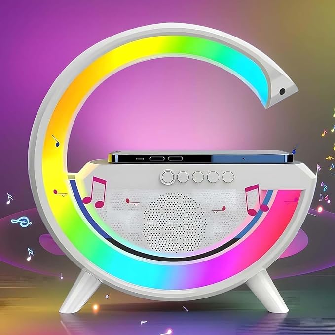 Pxujoqecg Table Lamp with Bluetooth Speaker, G Bedside Light with 15W Wireless Charger, Atmosphere Lighting with Alarm Clock, RGB Bedside Nightstand Table, Hi-Fi Sound, Time Display