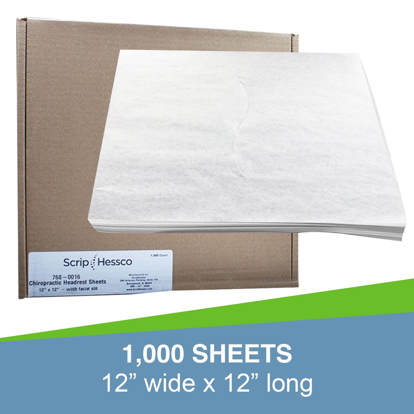 ScripHessco Economy Headrest Paper Sheet Squares with Slots, 1000-Pack, 12"x12" - White Face Rest Paper Sheets - Disposable Squares for Chiropractor, Massage and Medical Exam Tables