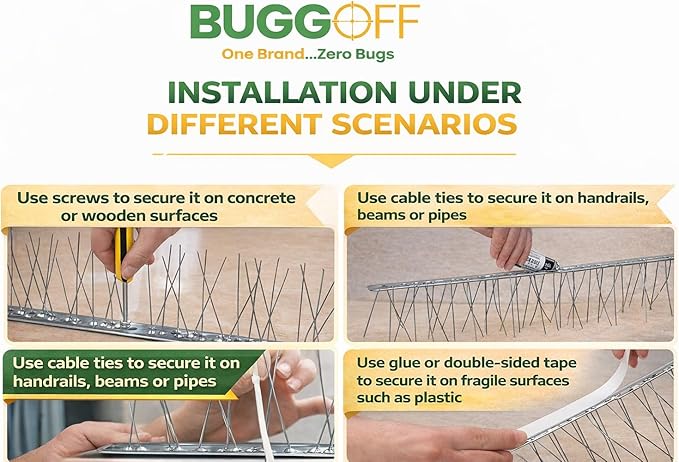 BUGGOFF Bird and Rodent Spikes, 4.5" Tall 10" Long Stainless Steel Anti-Bird Deterrent Strips, Silver, Professional Pest Control for Roofs, Fences, Ledges (100 Pieces / 83.3 Feet)