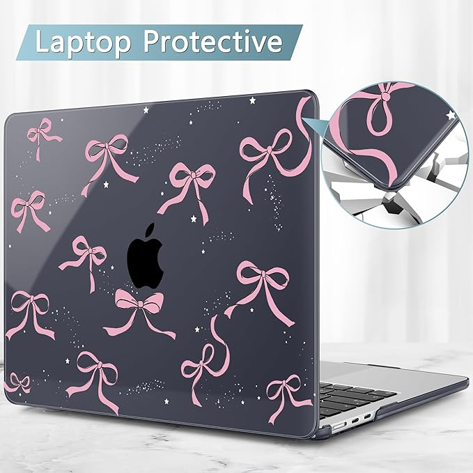 May Chen Case for MacBook Air 13/13.6 inch M5 A3449 M4 A3240 M3 A3113 M2 A2681, 2026 2025 2024-2022, Plastic Hard Shell with Keyboard Cover & Screec Protector, Crystal Black Bow