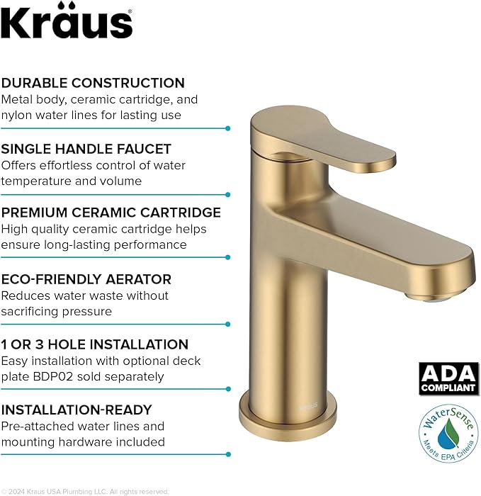 KRAUS Indy Bathroom Faucet in Spot-Free Brushed Brass with Single Handle, Pop Up Drain and Supply Lines, KBF-1411SFBB