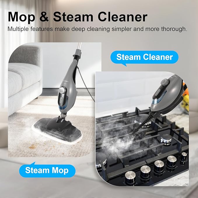 11-in-1 Steam Mop, 1550W Powerful Handheld Steam Cleaner, 260Â°F Multi-Functional Floor Steamer with 21.3FT Cord for Floors, Hardwood, Tiles, Grout, Windows, Kitchen, Bath, Adjustable (Grey)